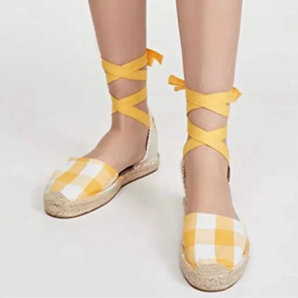 Soludos Lauren Espadrilles Size 7 Plaid Marigold Ankle Wrap Ties Jute EUC